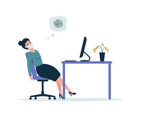 burned out business woman in the workplace, girl tired from working on computer. Flat vector cartoon modern illustration.