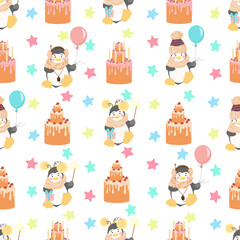 
Seamless pattern of cute penguins in pastel colors. Vector illustration in a flat style.