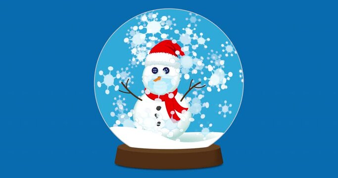 Holiday snowman wearing a Santa hat and face mask in a self-isolation snow globe social bubble surrounded by a blizzard of virus molecule snowflakes