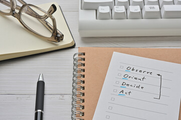 There's a keyboard, notebook, glasses, and a piece of paper on my desk with a checklist of...