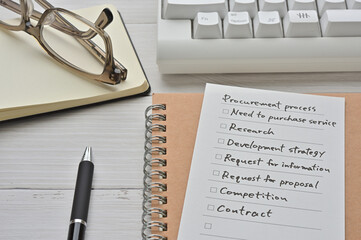 Fototapeta premium There's a keyboard, notebook, glasses, and a piece of paper on my desk with a 