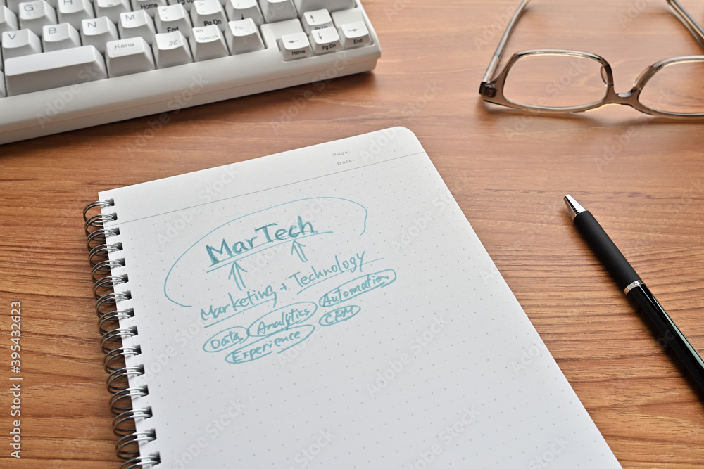Poster there is a keyboard on the desk, a pair of glasses and a notebook with a 