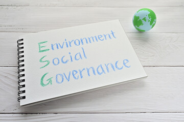 A sketchbook with environmental, social and governing words is placed on a white board along with a ball of earth.