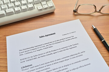 There's a keyboard, notebook, glasses, and a "Sales Agreement" paper (it's dummy) on the desk.