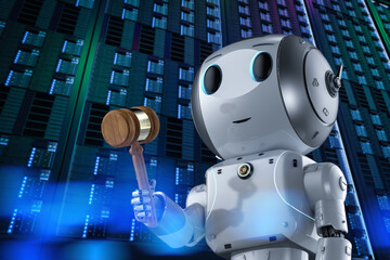 robot hand holding gavel judge