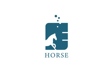 E blue white horse alphabet letter logo icon with stallion shape inside. Creative design for company and business