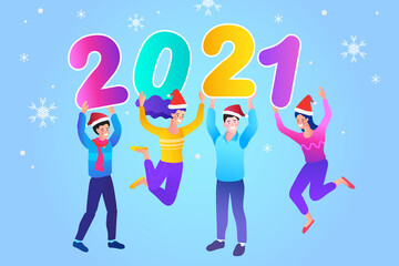 Happy New Year 2021. family celebrating Christmas and New Year. Happy people celebrate an important event. Joyful emotions. vector flat illustration