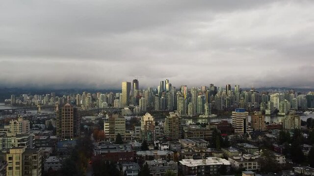 Aerial view of Vancouver downtown on an autumn cloudy day during sunset