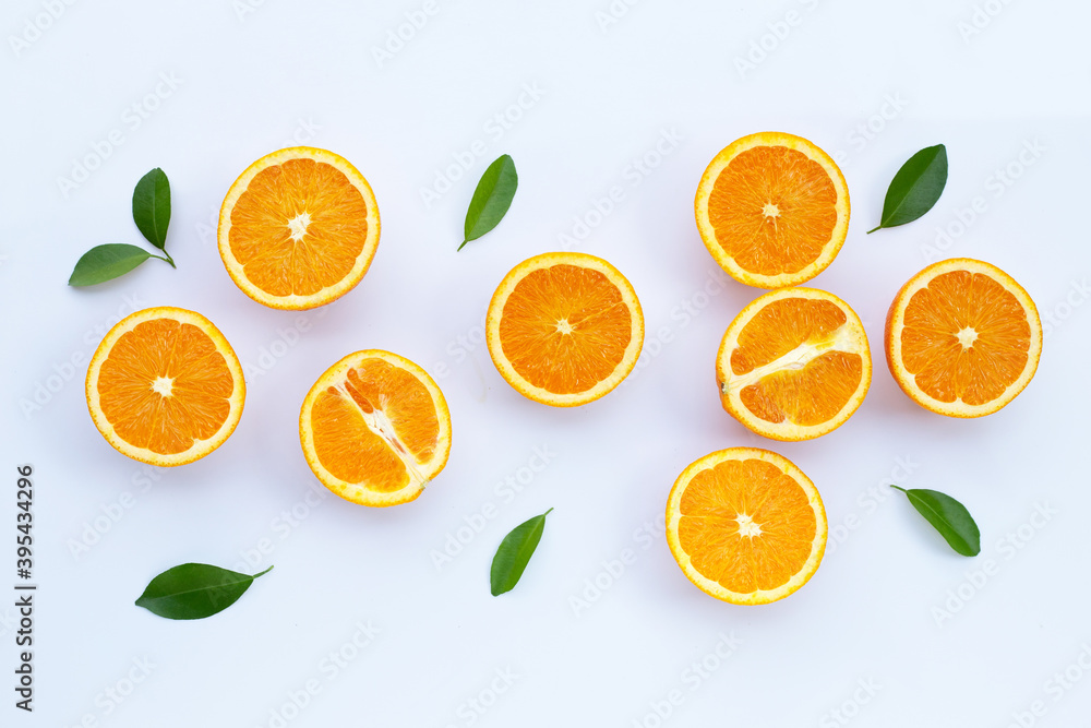 Wall mural high vitamin c, juicy and sweet. fresh orange fruit on white background.