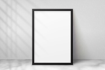 Mockup black frame photo on wall. Mock up artwork picture framed. Vertical boarder with shadow. Empty board photoframe a4. Modern stylish 3d border. Design prints poster, blank, painting image. Vector - obrazy, fototapety, plakaty