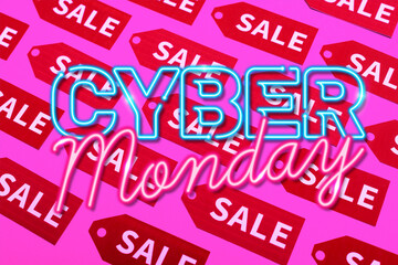 top view of labels with sale near cyber monday lettering on pink, black friday 
