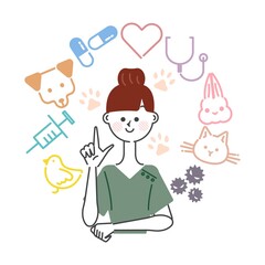動物病院に関するアイコンと動物看護士の女性