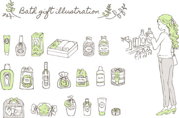 バスギフトを選ぶ女性とバスギフトの3色イラストセット
