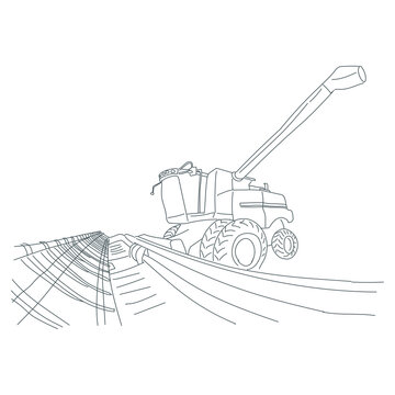 recommend clip art: Tractor line art illustration. Harvester, combine hand drawn