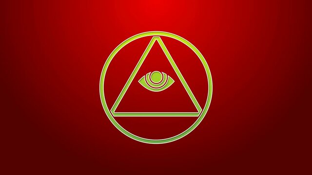 Green line Masons symbol All-seeing eye of God icon isolated on red background. The eye of Providence in the triangle. 4K Video motion graphic animation