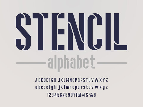 Modern stencil alphabet design with uppercase, lowercase, numbers and symbols