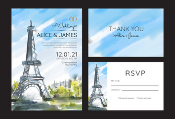 watercolor wedding invitation card with eiffel tower illustration, paris
