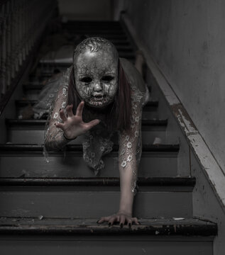 scary baby crawling down the stairs 