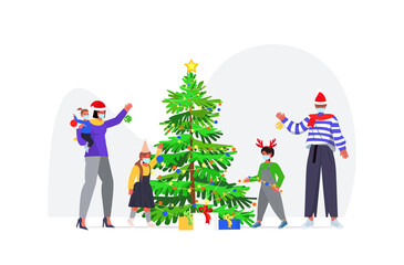 family in santa hats decorating christmas tree parents with children wearing masks to prevent coronavirus pandemic new year holidays celebration concept horizontal full length vector illustration