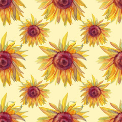 Seamless pattern watercolor yellow flower sunflower. Art creative hand-drawn background for wallpaper, textile, postcard, wedding, celebration, wrapping