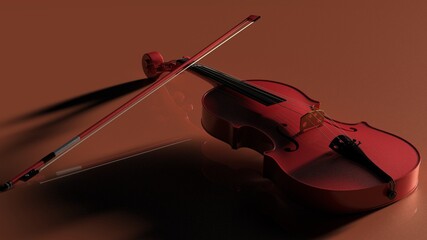 Red classic violin on metallic orange plate under spot lighting background. 3D sketch design and illustration. 3D high quality rendering.