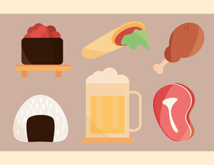 sushi chicken beer meat food menu in cartoon flat icons set