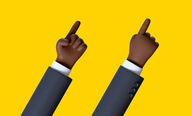 3d render, cartoon character businessman hand, african man finger points up direction, attention concept. Clip art isolated on yellow background