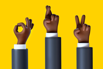 3d render, cartoon character african businessman hands assorted gestures: okay sign, crossed fingers, victory. Successful business clip art set isolated on yellow background