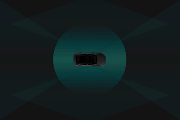 Autonomous Self Driving Car Visualization - Single Car With Blue Radar, Wide Composition. Dark Colors. 3d Rendering.