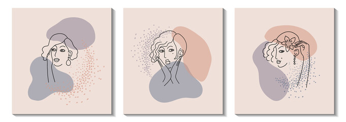 Set of drawings with modern abstract faces. Fashionable outlines of women silhouettes. Hand-drawn outlines of fashionable vector illustrations girls. Minimalistic concept. Delicate colors. Banner.