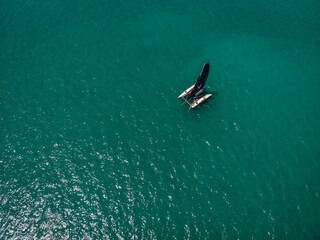 aerial View Of   little yacht with black sail  At The Andaman sea. Phuket. Thailand