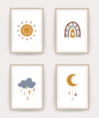 Boho posters with rainbow, sun, moon and cloud. Scandinavian design for wallpaper and home decor. Modern vector illustration in flat style.