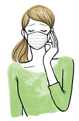 マスクをつけて困っている女性の上半身イラスト