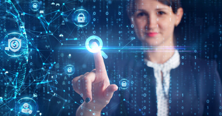 Business, Technology, Internet and network concept. Young businessman working on a virtual screen of the future and sees the inscription: