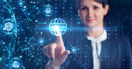 Business, Technology, Internet and network concept. Young businessman working on a virtual screen of the future and sees the inscription: