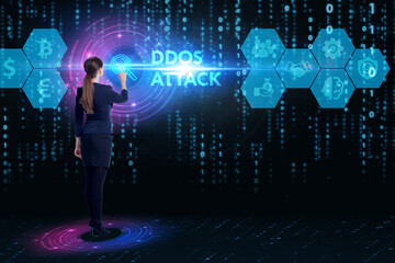 Obraz na płótnie Canvas Business, Technology, Internet and network concept. Young businessman working on a virtual screen of the future and sees the inscription: Ddos attack