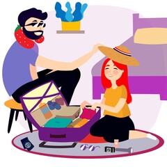 Pareja contenta preparando sus maletas para viajar e ir de vacaciones