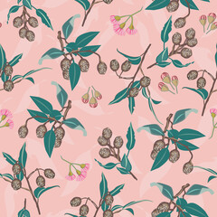Pink Gumnuts and Eucalyptus Blossom seamless vector repeat pattern. Vector illustration perfect for fabric, apparel, surface design and stationary design applications