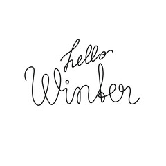 Hello winter inscription, continuous line drawing, hand lettering small tattoo, print for clothes, t-shirt, emblem or logo design, one single line on a white background, isolated vector illustration.