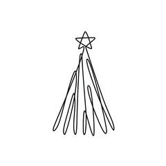 Christmas tree continuous line drawing, small tattoo, print for clothes, emblem or logo design, silhouette one single line on a white background, isolated vector illustration.