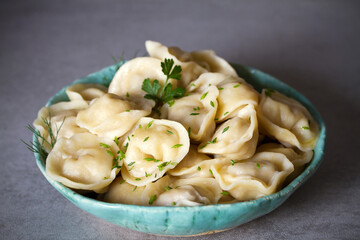 Dumplings, filled with meat. Dumplings with filling in bowl on gray background. horizontal photo