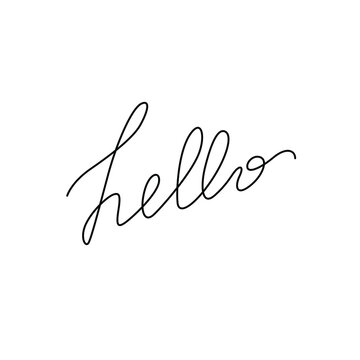Hello inscription continuous line drawing, hand lettering small tattoo, print for clothes, emblem or logo design, one single line on a white background, isolated vector illustration.