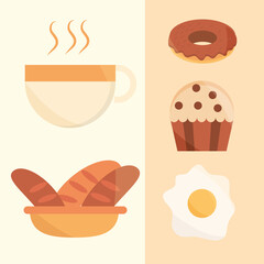 breakfast bread cupcake fried egg coffee food menu in cartoon flat icons set