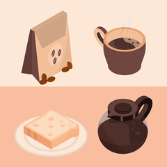 coffee brewing package pot bread isometric icons