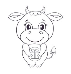 Cute bull drawn in cartoon style isolated on a white background. illustration for children coloring page. Print for clothes, label, patch, sticker, card. Christmas, New Year. symbol of the year 2021