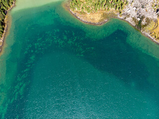 Beautiful scenic view of high mountain hillsides covered with soft wood forest and green fields, distant rugged rock