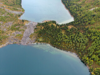 Aerial photo of the lake in the forests. Lake with small islands