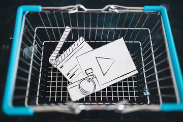 creative content sold online, photo and video digital downloads icon in shopping basket