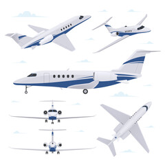 Private jet in different point of view. Airplane in top, side, front and back view - 395443699