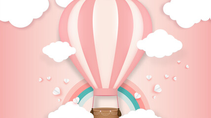 Cute hot air balloon decorated with basket floating is up to the sky. Pink background decor with rainbow, cloud, white hearts paper scattered. Concept for Valentine's day, Travel. Vector illustration.